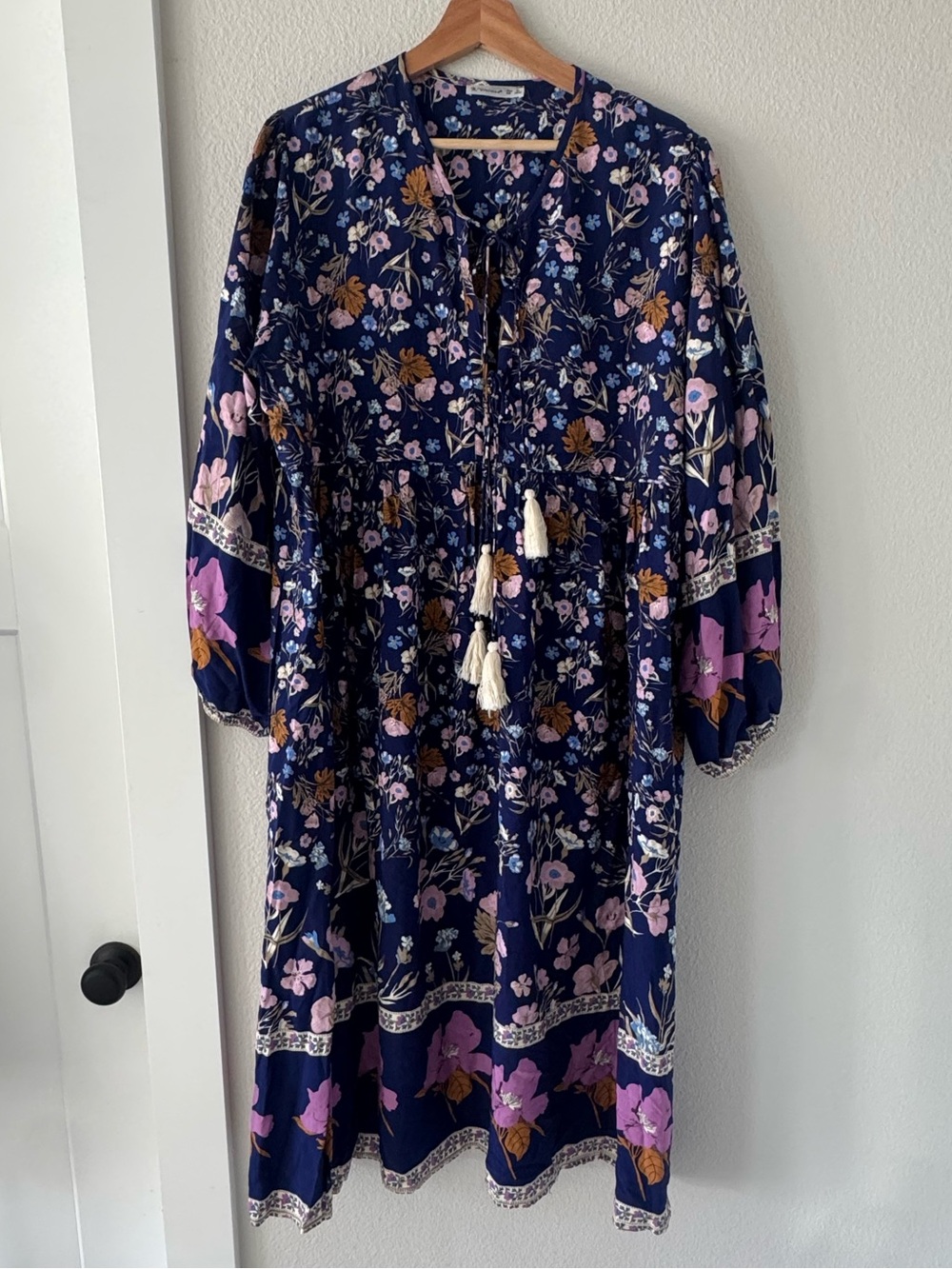 R.Vivimos Boho Floral Print Long Sleeve Midi Dress with Tassels XL 💜